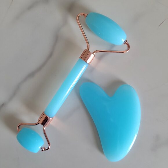 Facial Roller & Gua Sha Set Skin Massager Tools for Face & Neck Teal Blue - Picture 3 of 4